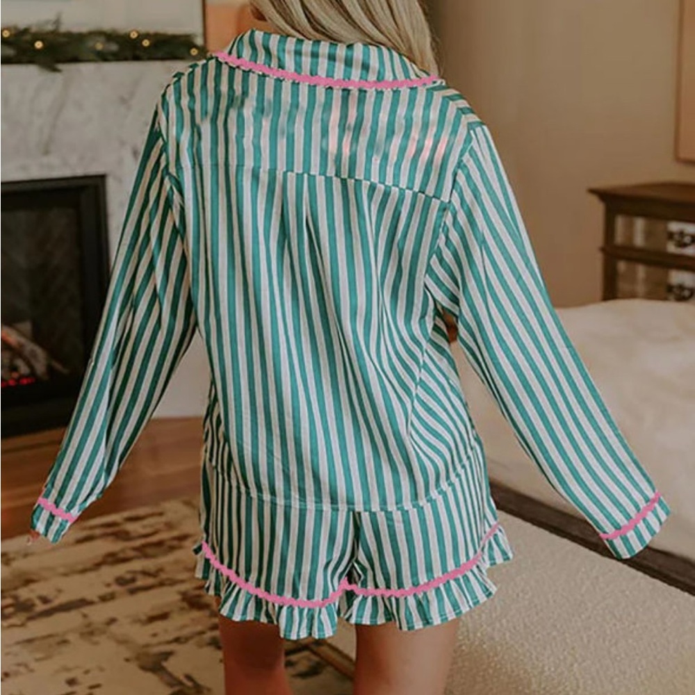 Lola- Striped Green and Pink Women's Pajama Set - Picture 3 of 4